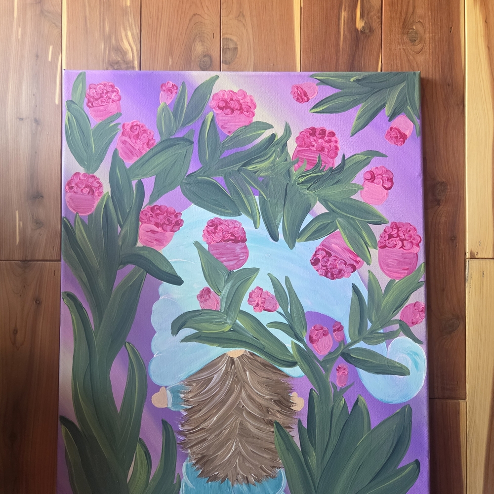 Floral Gnome Canvas Art in Pink and Green